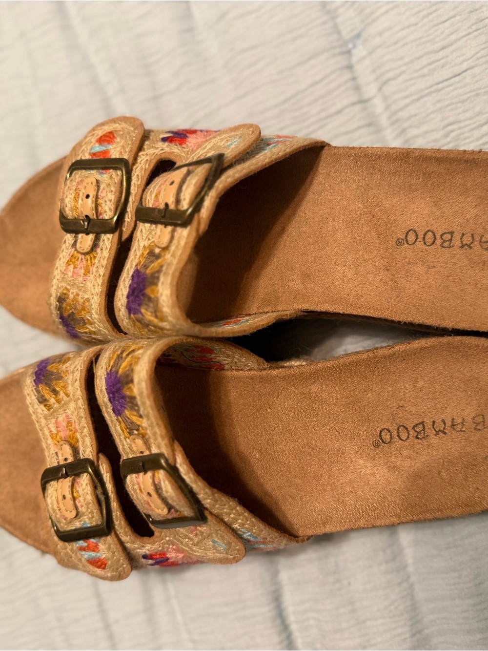 BAMBOO Tan Embroidered Double-Buckle Slide Mules